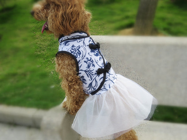 HKM-4893757 Cotton and Linen Blue and White Porcelain Cheongsam Skirt for Dogs