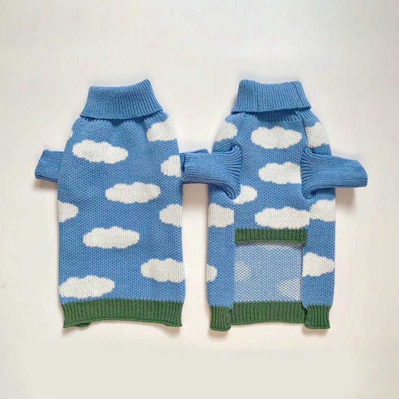 HKM-4896957 Jacquard Knitted Sweater for Dogs - Sky Blue with Cloud Design