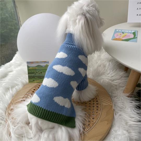 HKM-4896957 Jacquard Knitted Sweater for Dogs - Sky Blue with Cloud Design