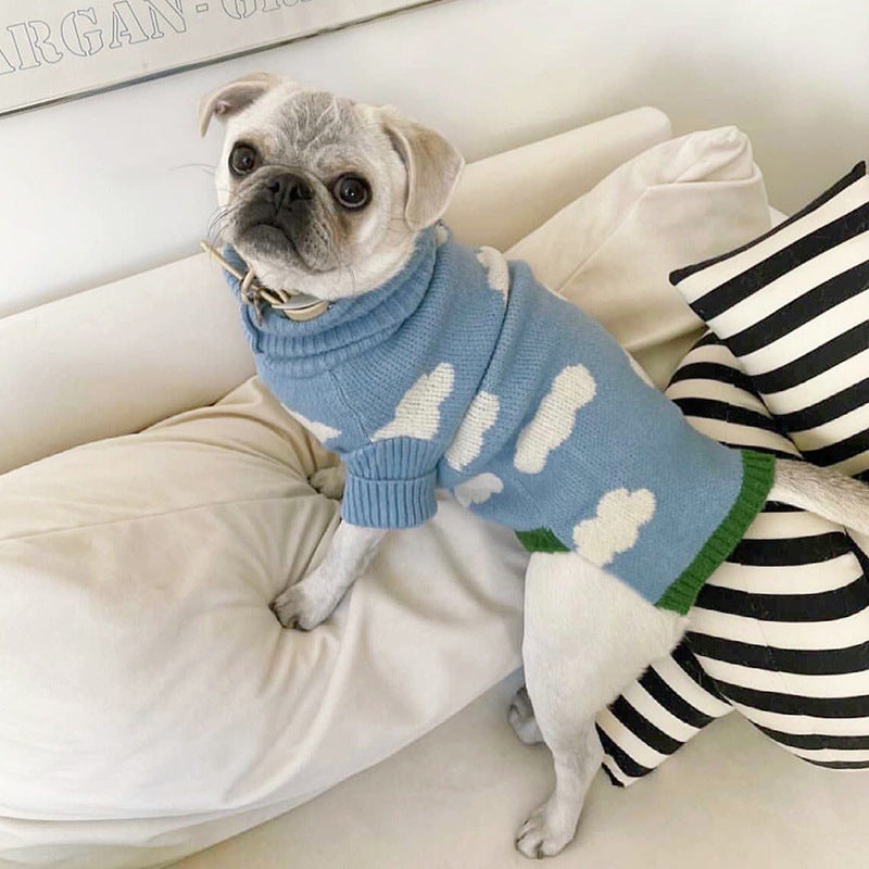 HKM-4896957 Jacquard Knitted Sweater for Dogs - Sky Blue with Cloud Design