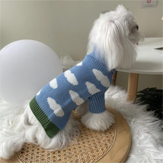 HKM-4896957 Jacquard Knitted Sweater for Dogs - Sky Blue with Cloud Design
