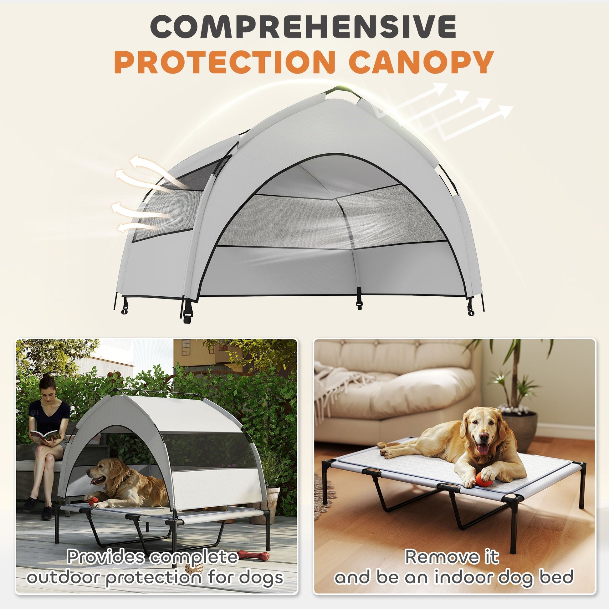 HKM-4897597 Elevated Dog Bed with Removable Canopy and Cooling Pad, Portable Outdoor Pet Cot, Ideal for Large Dogs
