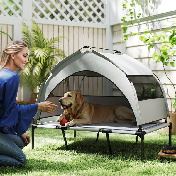 HKM-4897597 Elevated Dog Bed with Removable Canopy and Cooling Pad, Portable Outdoor Pet Cot, Ideal for Large Dogs