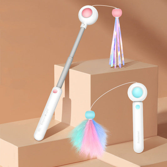 HKM-4899773 Retractable 2-in-1 Cat Wand with Laser Teaser and Feather Toys for Interactive Play