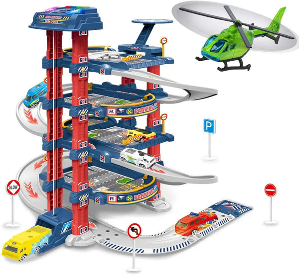 HKM-490131 4-Layer Kids Toy Car Garage Parking Lot Lift Kit - Slide Parking Toy for Ages 5 and Up