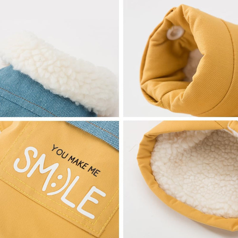 HKM-4903485 Yellow Denim Patchwork Dog Coat with Sherpa Fleece Lining for Small and Medium Breeds