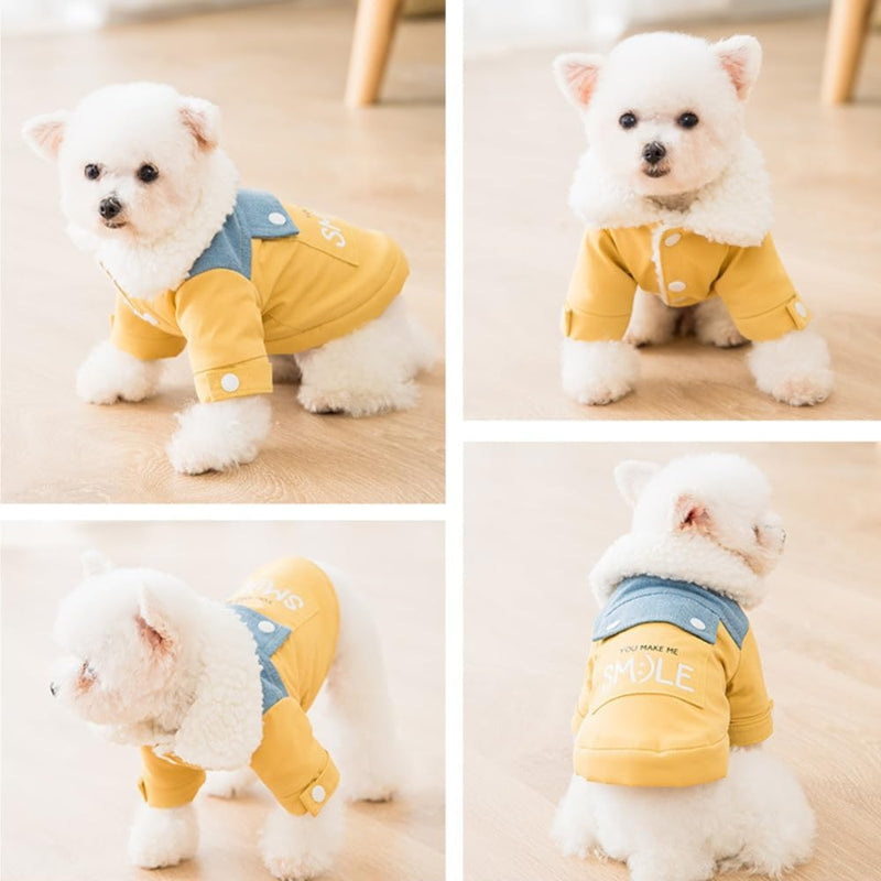 HKM-4903485 Yellow Denim Patchwork Dog Coat with Sherpa Fleece Lining for Small and Medium Breeds