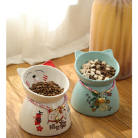 HKM-4904893 Anti-Tipping Ceramic Cat Food & Water Bowl - Mint Green, Peach Powder, White