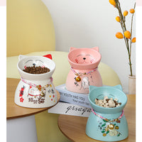 HKM-4904893 Anti-Tipping Ceramic Cat Food & Water Bowl - Mint Green, Peach Powder, White