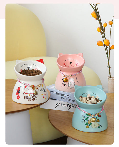 HKM-4904893 Anti-Tipping Ceramic Cat Food & Water Bowl - Mint Green, Peach Powder, White