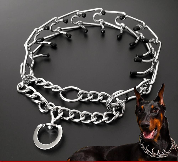HKM-4907325 Chrome Plated Pinch Dog Collar with Rubber Tips for Training - Adjustable Sizes Available