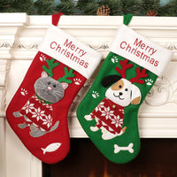 HKM-490771 Cartoon Christmas Sock Gift Bag - Puppy & Kitten Models in Green and Red, Non-Woven Fabric, 37x23x2 CM