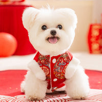 HKM-4909245 Lunar New Year Red Brocade Pet Vest with Faux Fur Trim and Embroidery