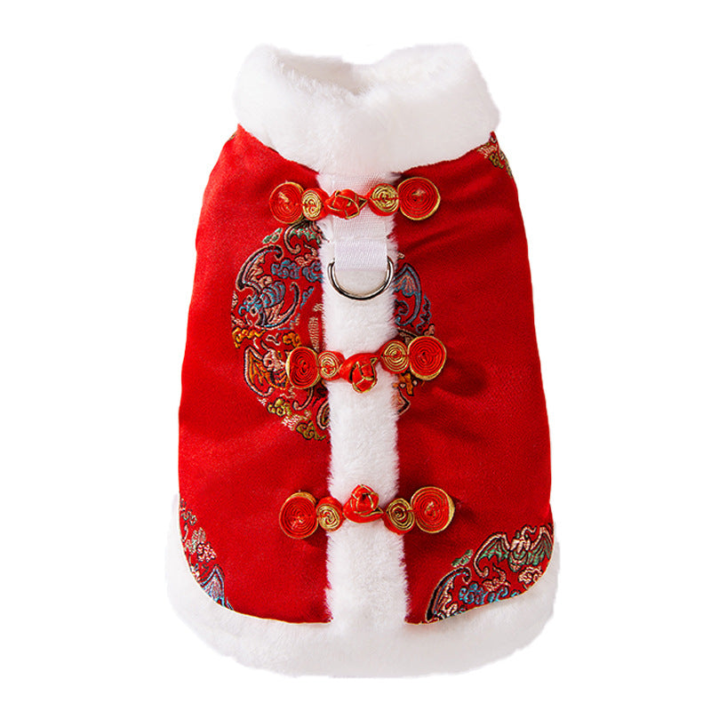 HKM-4909245 Lunar New Year Red Brocade Pet Vest with Faux Fur Trim and Embroidery
