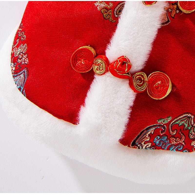 HKM-4909245 Lunar New Year Red Brocade Pet Vest with Faux Fur Trim and Embroidery