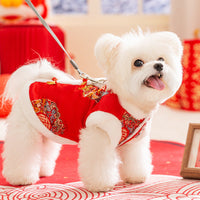 HKM-4909245 Lunar New Year Red Brocade Pet Vest with Faux Fur Trim and Embroidery