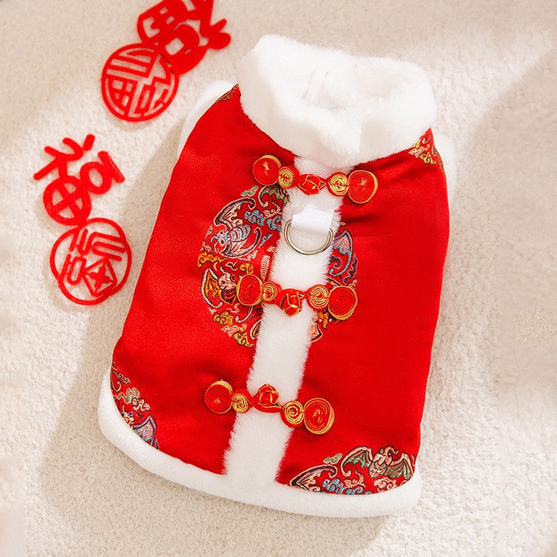 HKM-4909245 Lunar New Year Red Brocade Pet Vest with Faux Fur Trim and Embroidery