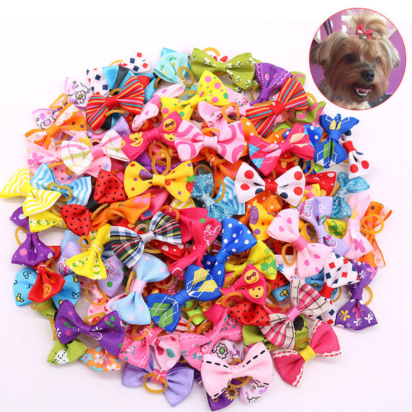 HKM-4909501 Mixed Color Butterfly Bow Bands for Dogs - Decorative Cloth Accessories with Acrylic Diamonds & Pearls, 50PCS Set