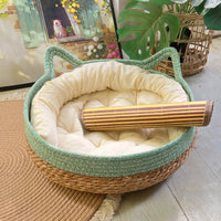 HKM-4910653 Universal Rattan Cat Nest in Green and Pink - Grass & Rattan Bamboo Design for Small to Large Cats