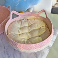 HKM-4910653 Universal Rattan Cat Nest in Green and Pink - Grass & Rattan Bamboo Design for Small to Large Cats