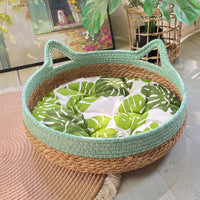 HKM-4910653 Universal Rattan Cat Nest in Green and Pink - Grass & Rattan Bamboo Design for Small to Large Cats