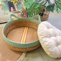 HKM-4910653 Universal Rattan Cat Nest in Green and Pink - Grass & Rattan Bamboo Design for Small to Large Cats
