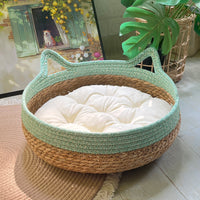 HKM-4910653 Universal Rattan Cat Nest in Green and Pink - Grass & Rattan Bamboo Design for Small to Large Cats