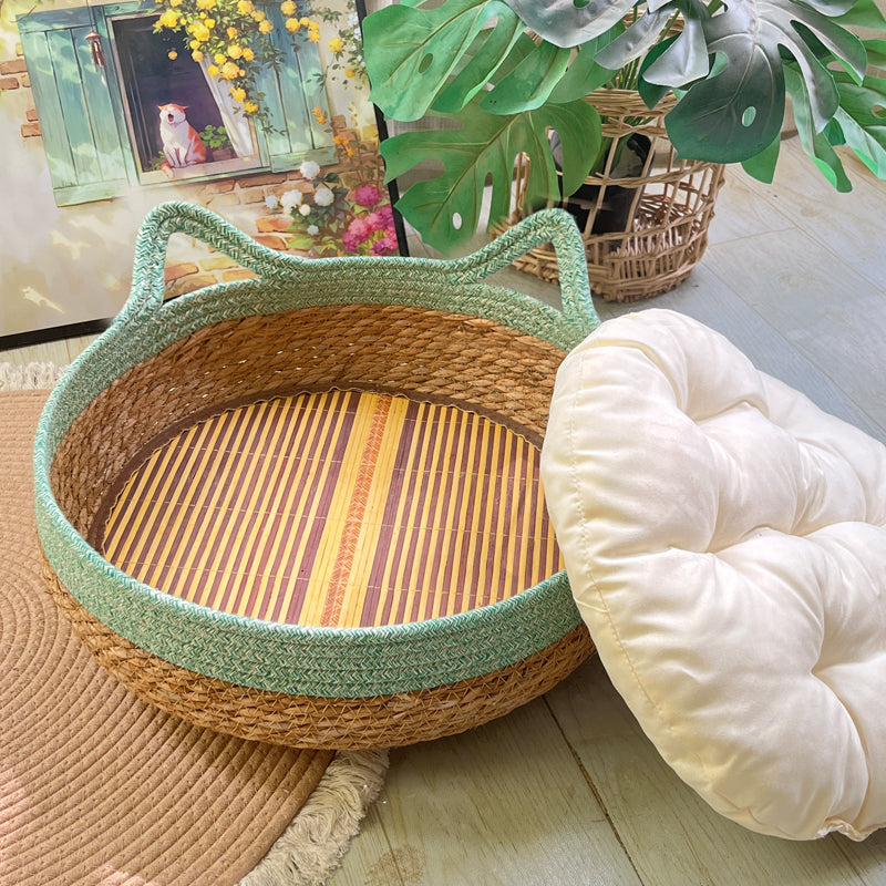 HKM-4910653 Universal Rattan Cat Nest in Green and Pink - Grass & Rattan Bamboo Design for Small to Large Cats