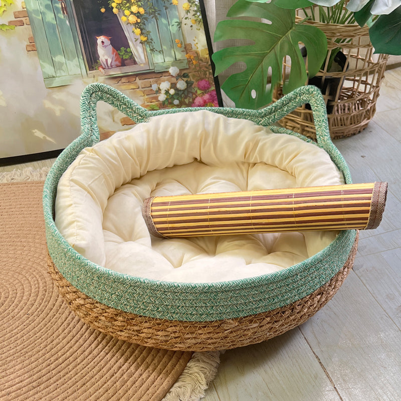 HKM-4910653 Universal Rattan Cat Nest in Green and Pink - Grass & Rattan Bamboo Design for Small to Large Cats