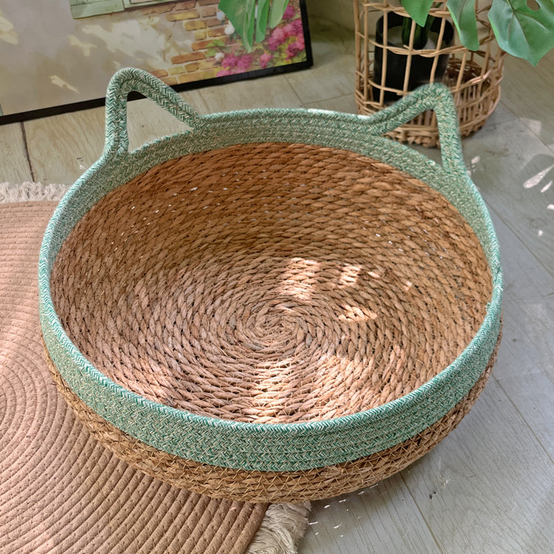 HKM-4910653 Universal Rattan Cat Nest in Green and Pink - Grass & Rattan Bamboo Design for Small to Large Cats