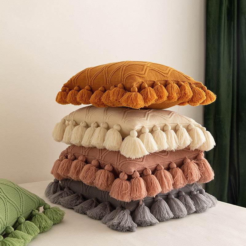 HKM-491091 Tassel Geometric Knitted Throw Pillow Cover - Avocado Green, Light Gray, Beige, Rose Pink, Warm Orange, 45x45cm