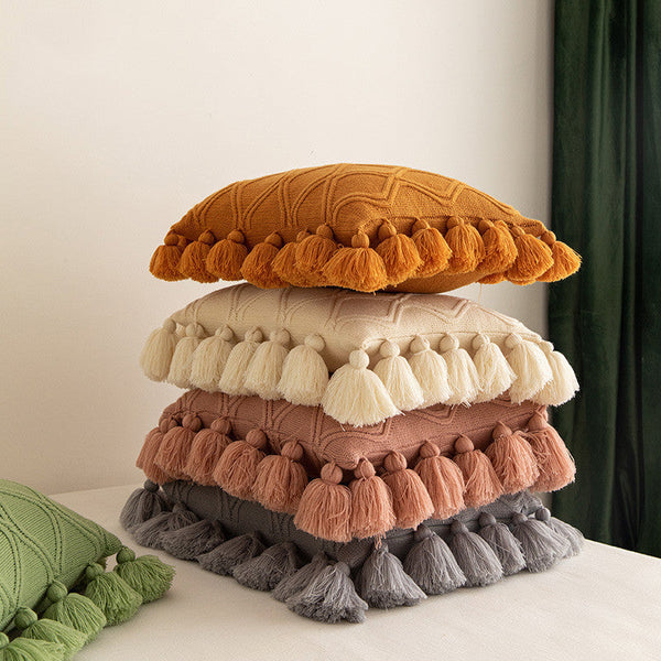 HKM-491091 Tassel Geometric Knitted Throw Pillow Cover - Avocado Green, Light Gray, Beige, Rose Pink, Warm Orange, 45x45cm