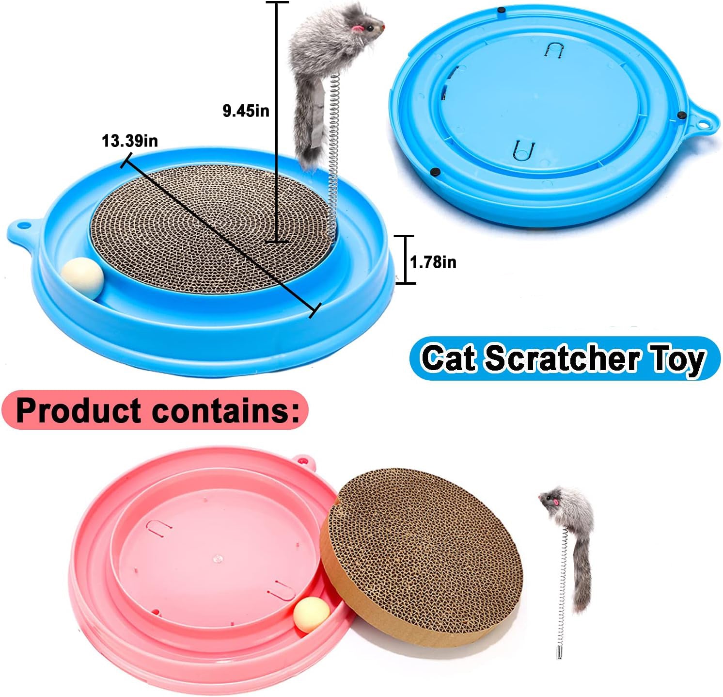 HKM-4911933 Interactive Cat Scratcher Toy with Ball and Mouse Swatter - Engaging Scratch Pad for Cats and Kittens, 13" Base, Durable Design