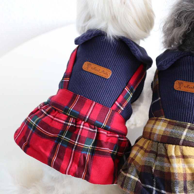 HKM-4912829 Plaid College Style Skirt for Cats - Lattice Patterned Pet Clothing in Yellow and Red