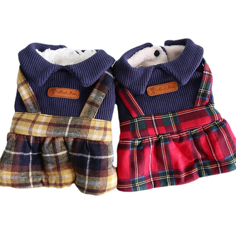HKM-4912829 Plaid College Style Skirt for Cats - Lattice Patterned Pet Clothing in Yellow and Red
