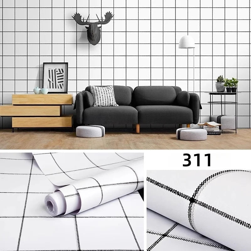HKM-491347 Self-Adhesive Black and White Square Lattice Waterproof Wallpaper for Bedroom and Dormitory