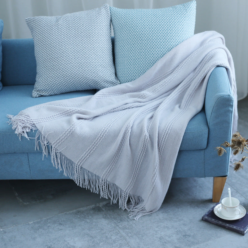 HKM-491475 Cozy Gray Pinstripe Knitted Sofa Blanket for Air Conditioning Coverage