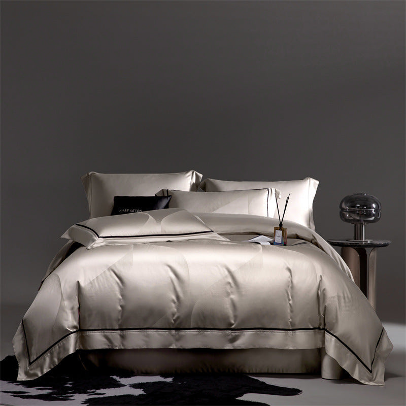 HKM-491795 Cotton Jacquard 4-Piece Bed Sheet and Duvet Cover Set in Faint Gold and Gray