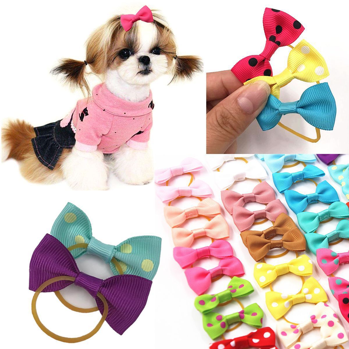 HKM-492051 Polka Dot and Solid Color Bowknot Hair Tie with Rubber Band for Dogs - 20 Color Options