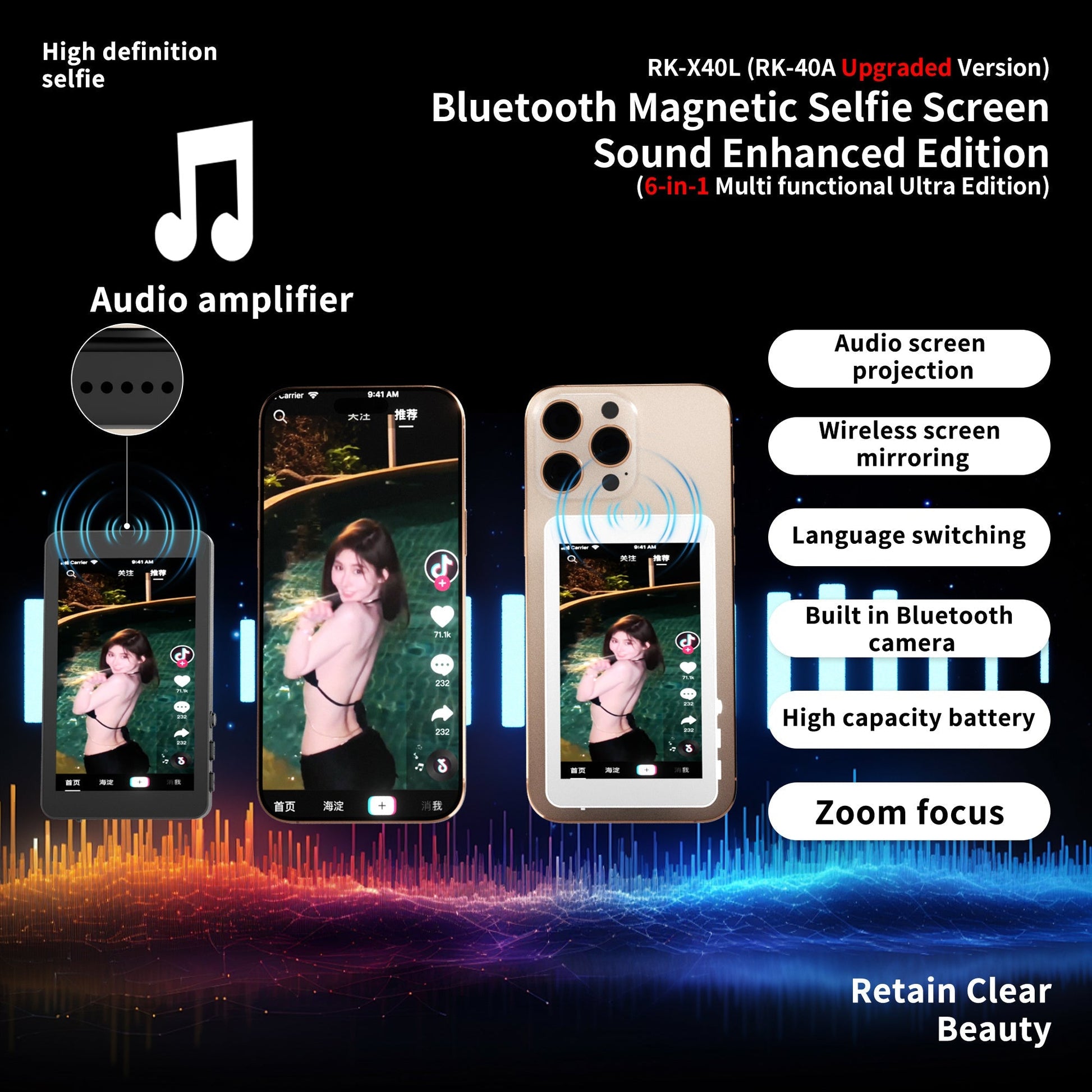 HKM-492307 Upgraded RK-X40L Mobile Selfie Screen Projector with Audio, Focusing Feature, and Built-in Camera Button