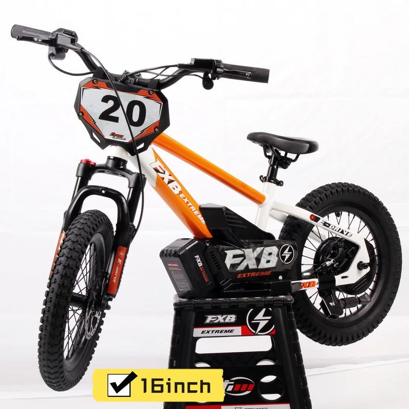 HKM-492883 Extreme Electric Bike for Kids - White/Orange, Battery-Powered, Off-Road Tires, Safe and Comfortable Ride