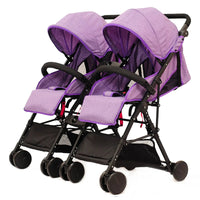 HKM-4928851 purple twin stroller set with full canopies and five-point harness