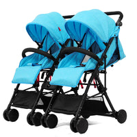 HKM-4928851 blue twin stroller set with armrest bars and mesh baskets