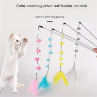 HKM-4929213 Interactive Cat Teaser Stick with Pompon Feather and Bell - 31cm Long, Gray/Yellow/Blue