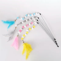 HKM-4929213 Interactive Cat Teaser Stick with Pompon Feather and Bell - 31cm Long, Gray/Yellow/Blue