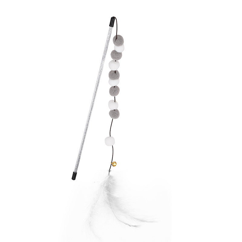 HKM-4929213 Interactive Cat Teaser Stick with Pompon Feather and Bell - 31cm Long, Gray/Yellow/Blue