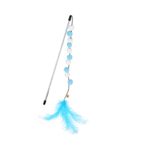 HKM-4929213 Interactive Cat Teaser Stick with Pompon Feather and Bell - 31cm Long, Gray/Yellow/Blue