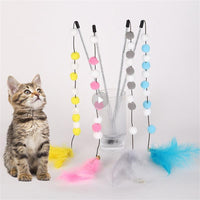 HKM-4929213 Interactive Cat Teaser Stick with Pompon Feather and Bell - 31cm Long, Gray/Yellow/Blue