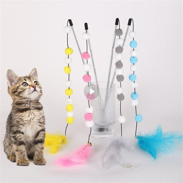 HKM-4929213 Interactive Cat Teaser Stick with Pompon Feather and Bell - 31cm Long, Gray/Yellow/Blue