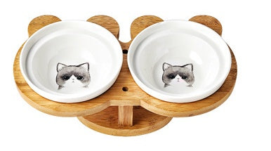 HKM-4931901 Ceramic and Wood Automatic Cat Bowl with Multiple Designs and Two Bowls Included